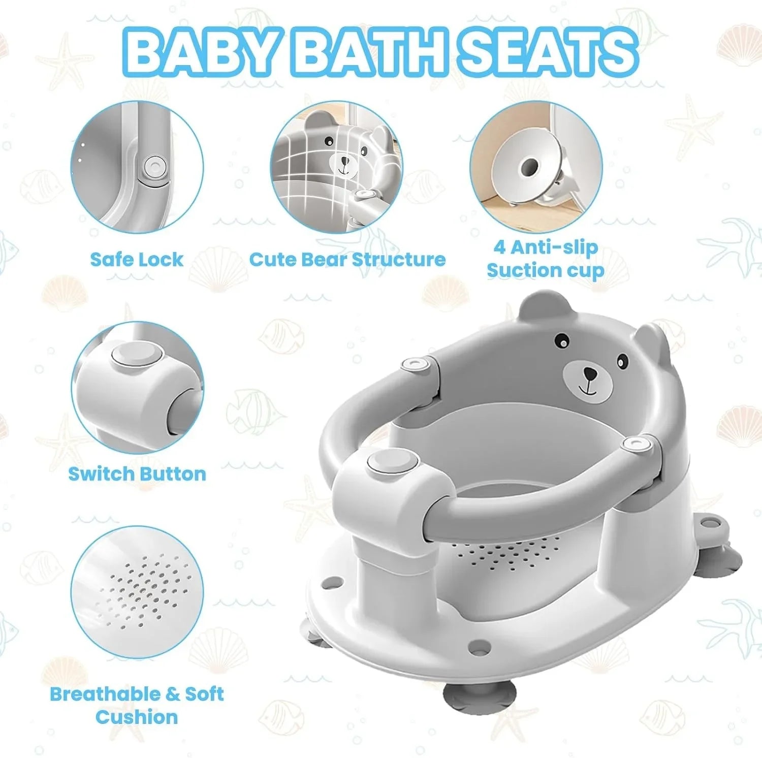 Baby Bath Seat for Babies 6 Months Plus.Cute Bear Non-Slip Baby Bath Chair Safe Infant & Newborn Bathtub Chair