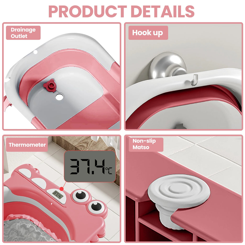 Foldable Baby Bath with Baby Bath Cushion and Built-In Thermometer – Children's Bath with Baby bath mat