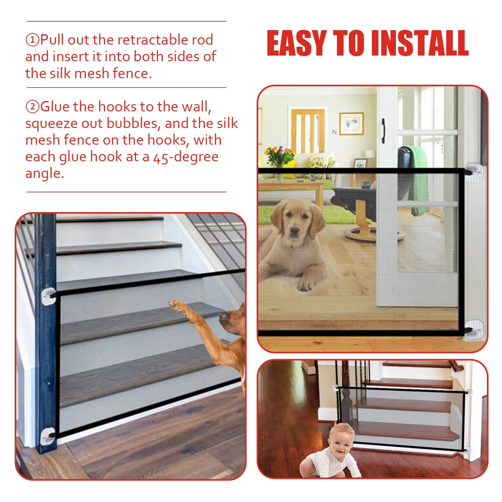 Baby Safety Gate 76x180CM - Punch - Free Black Protective Fence for Stairs/Balcony, Kids & Pet Guardrail, Safety Door Screen Net