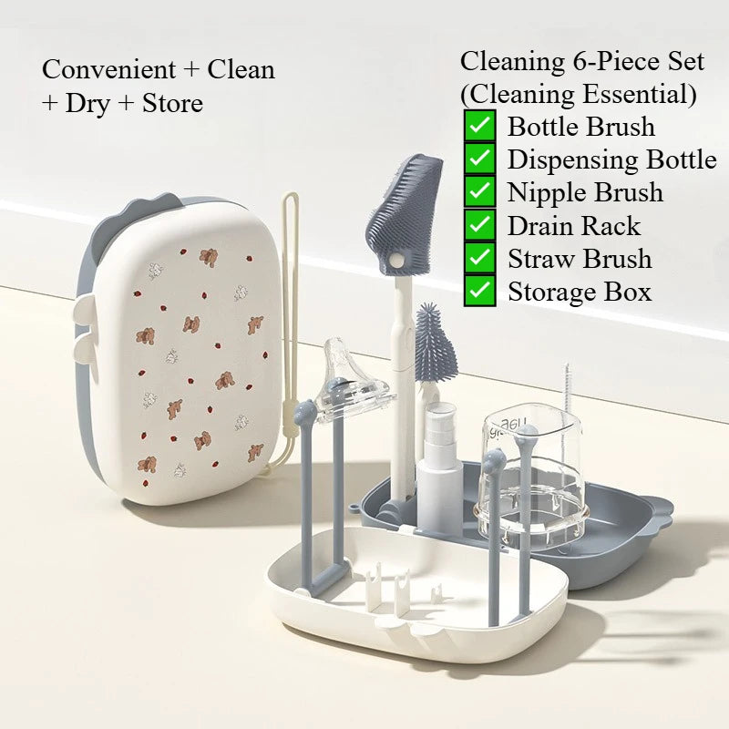 6Pcs Portable Baby Bottle Brush Set: Bottle/Nipple/Straw Brushes & Drain Rack & Storage Box Infant Travel-Friendly Clean Kit f