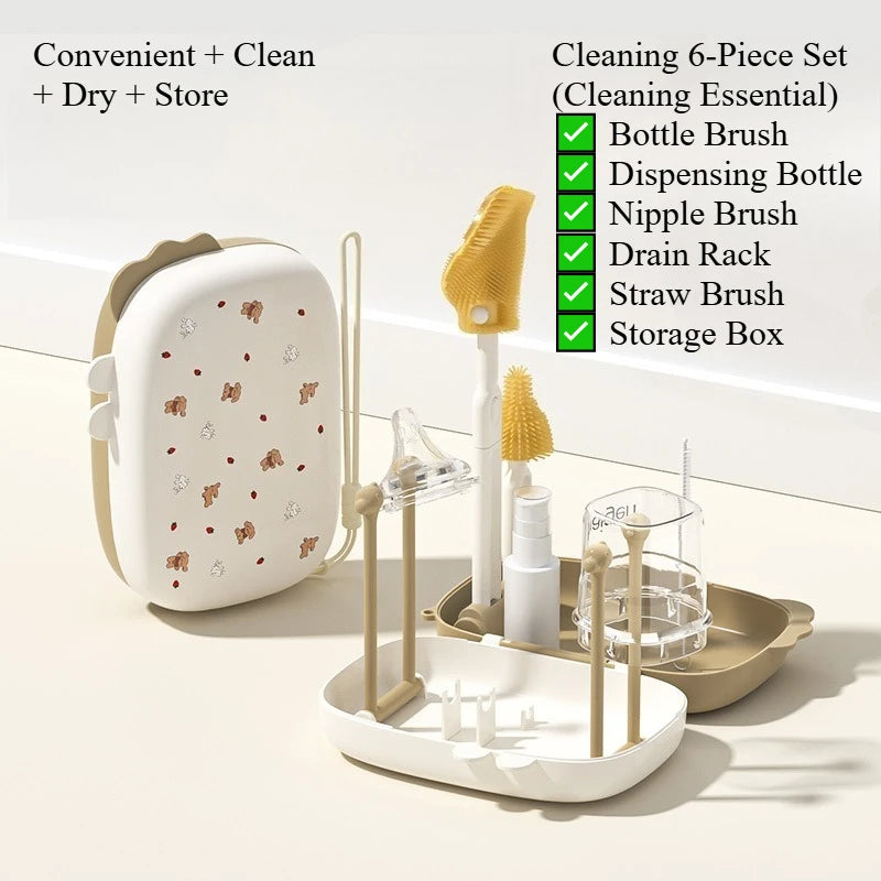 6Pcs Portable Baby Bottle Brush Set: Bottle/Nipple/Straw Brushes & Drain Rack & Storage Box Infant Travel-Friendly Clean Kit f